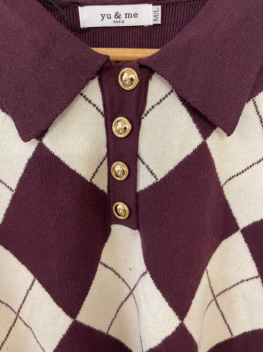 Argyle Knit Skirt And Sweater Set (Burgundy)