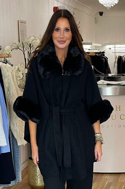 Faux Fur Cape & Belt Black