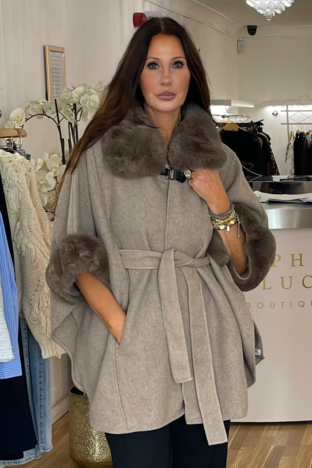 Faux Fur Cape & Belt Taupe
