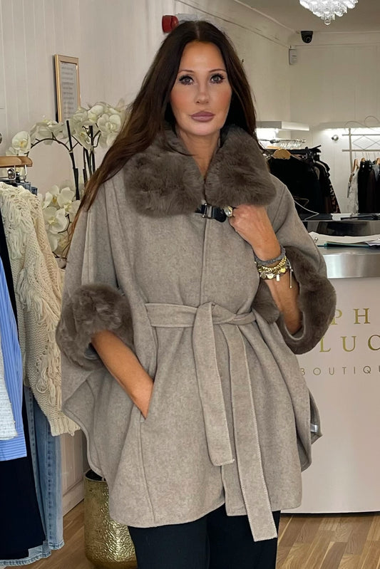 Faux Fur Cape & Belt Taupe